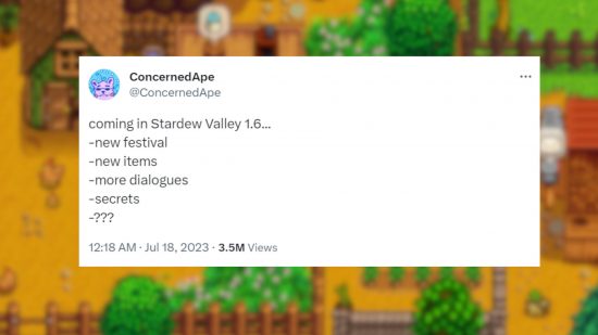 stardew-valley-16-tweet Captura de tela da atualização mais recente de Stardew Valley 1.6 da ConcernedApe