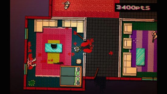 melhores jogos ps vita Hotline Miami Melhores jogos PS Vita - uma visão de cima para baixo de um homem cometendo um crime sangrento em um mundo pixelado