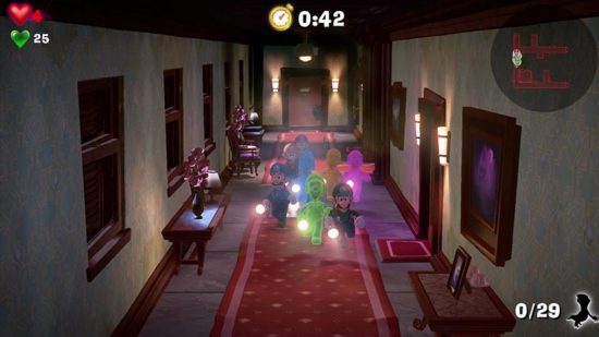 jogos de hotel Luigis Mansion 3 - oito jogadores correndo pelo corredor de um hotel