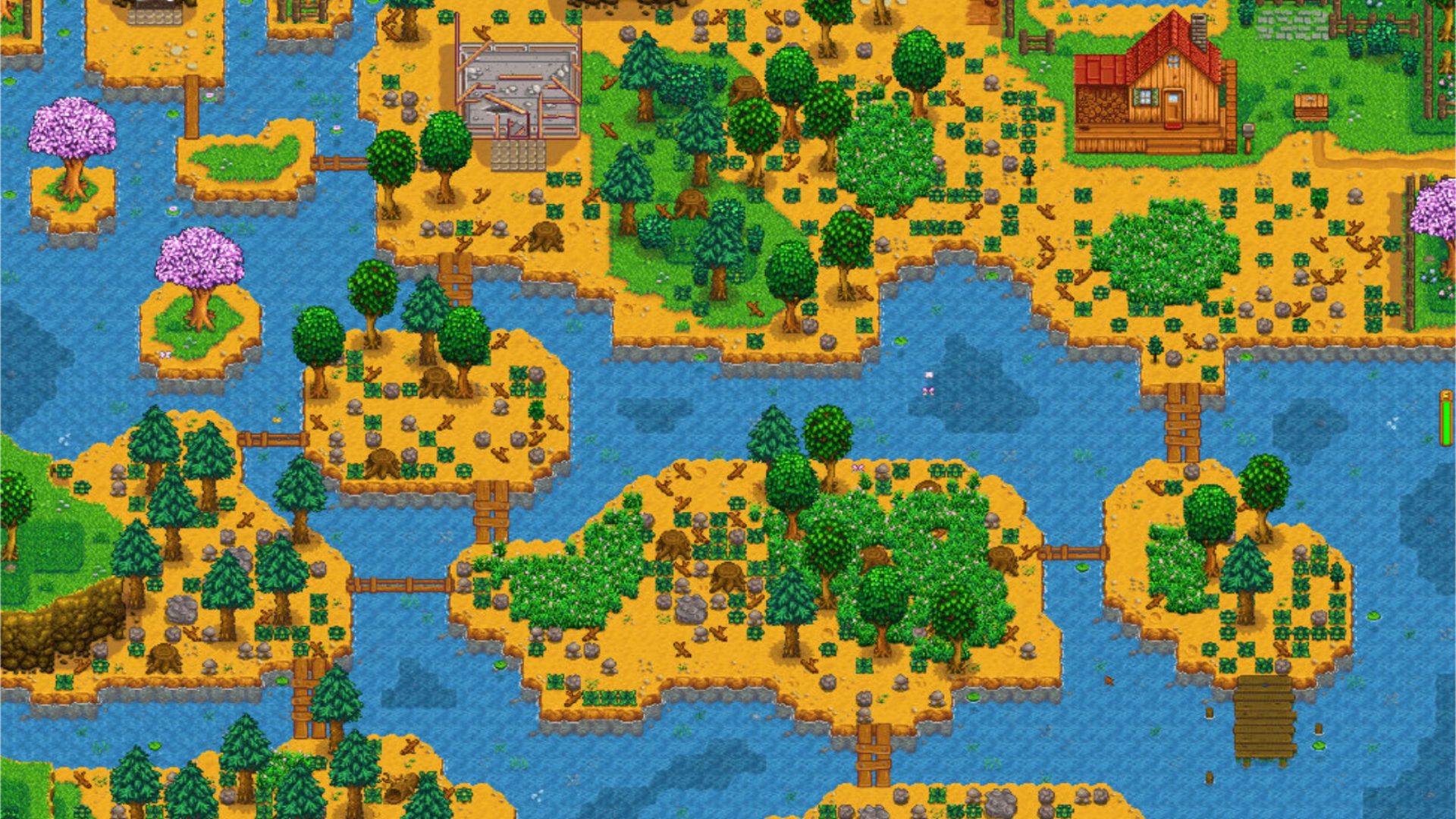 Uma visão do mapa do rio de Stardew Valley