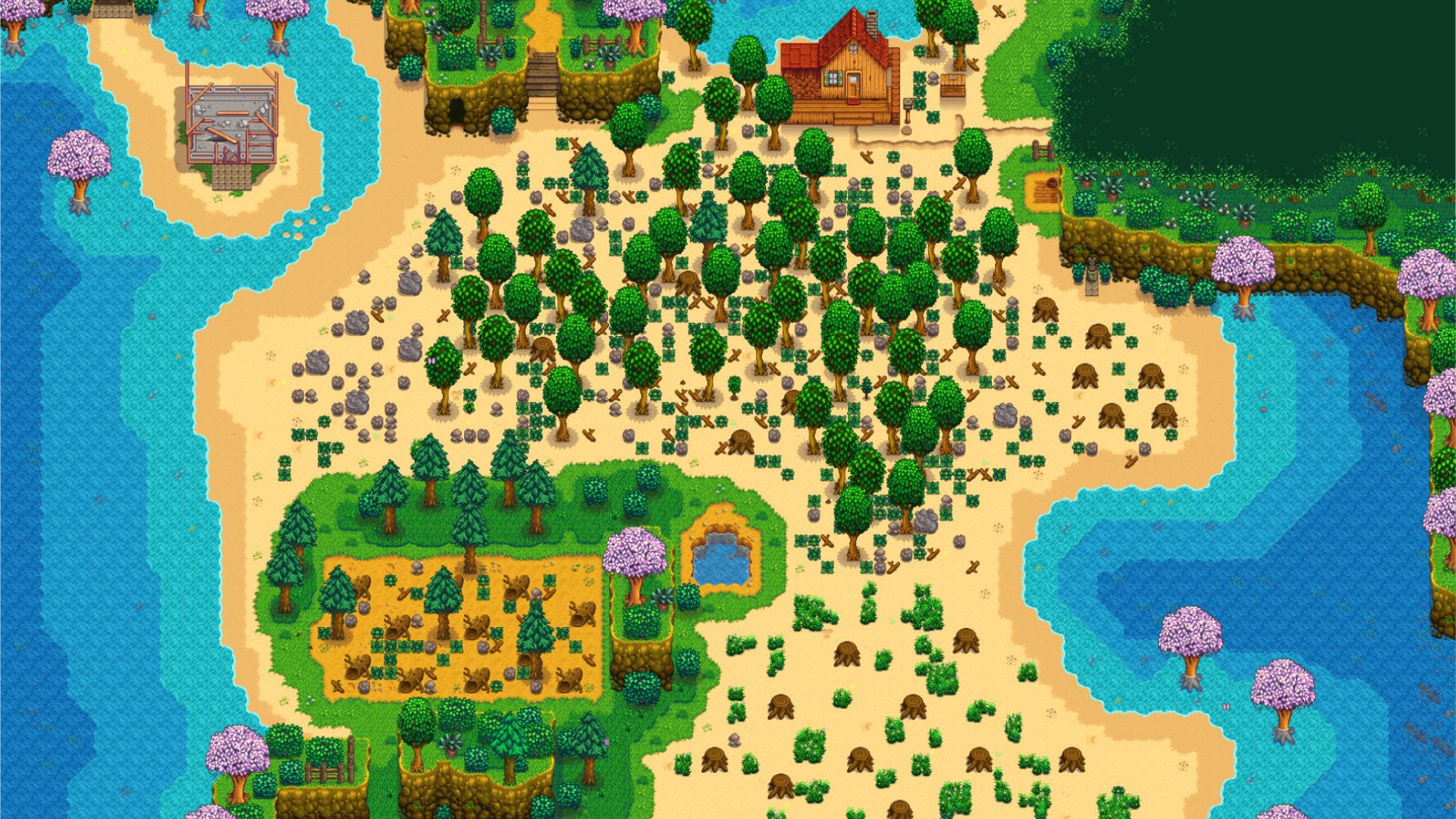 Uma visão do mapa da praia de Stardew Valley