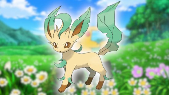 pokémon flor 3 Flower Pokemon: A arte Pokedex de Leafeon colada em uma captura de tela do anime Pokemon com um campo de flores e um céu azul.