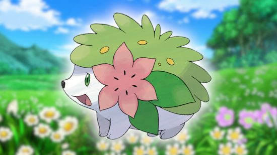 flor pokémon 4 Flower Pokemon: A arte Pokédex de Shaymin colada em uma captura de tela do anime Pokémon com um campo de flores e um céu azul.