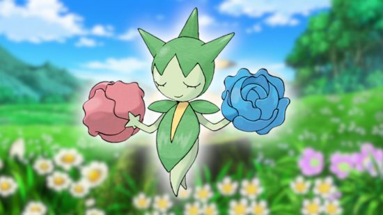 pokémon flor 2 Flower Pokemon: A arte da Pokédex de Roselia colada em uma captura de tela do anime Pokémon com um campo de flores e um céu azul.