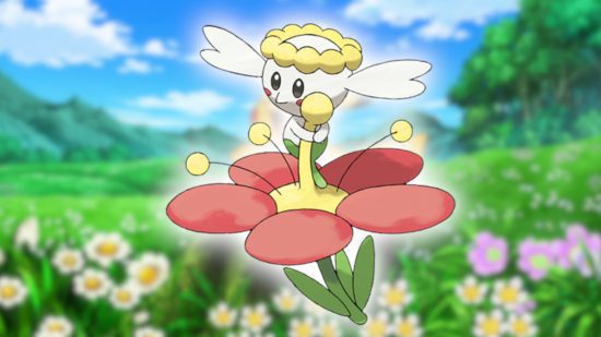 flor pokémon 6 Flower Pokemon: a arte Pokedex de Flabebe colada em uma captura de tela do anime Pokemon com um campo de flores e um céu azul.