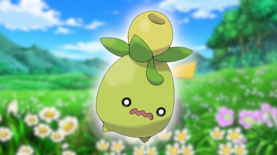 pokémon flor 7 Flower Pokemon: a arte da Pokédex de Smoliv colada em uma captura de tela do anime Pokémon com um campo de flores e um céu azul.