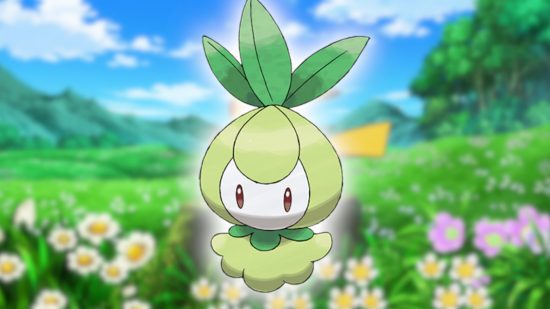 pokémon flor 5 Flower Pokemon: a arte Pokedex de Petilil colada em uma captura de tela do anime Pokemon com um campo de flores e um céu azul.