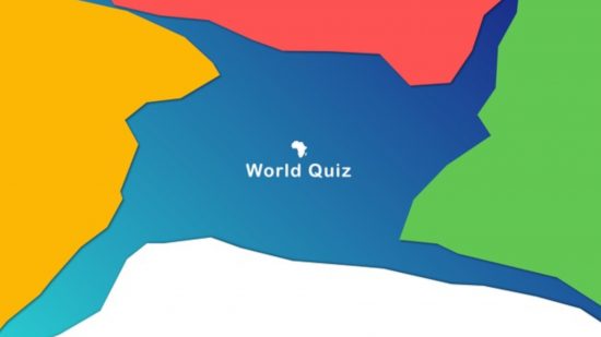 jogos de geografia 5 Jogos de geografia: uma captura de tela da tela de título do World Quiz, mostrando o título em texto branco sobre um fundo azul com quatro formas abstratas em vermelho, amarelo, verde e branco ao redor.