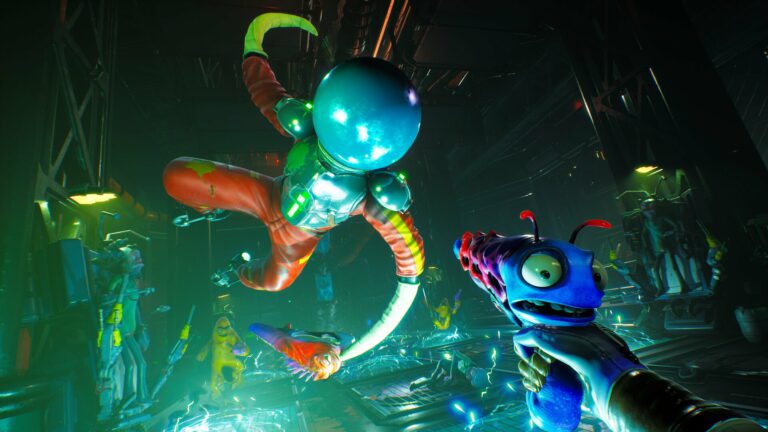 The octopyus in a space suit jumps at the player as they hold a blue pistol gun with a face