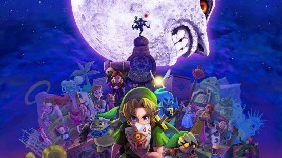 papéis de parede de zelda (2) Papéis de parede de Zelda: uma ilustração mostra um jovem Link segurando a Majora's Mask na frente do rosto, com vários personagens coadjuvantes e a lua atrás dele
