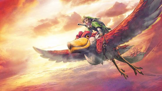 papéis de parede de zelda (4) Papéis de parede de Zelda: uma ilustração mostra Link nas costas de um pássaro vermelho gigante, voando acima das nuvens