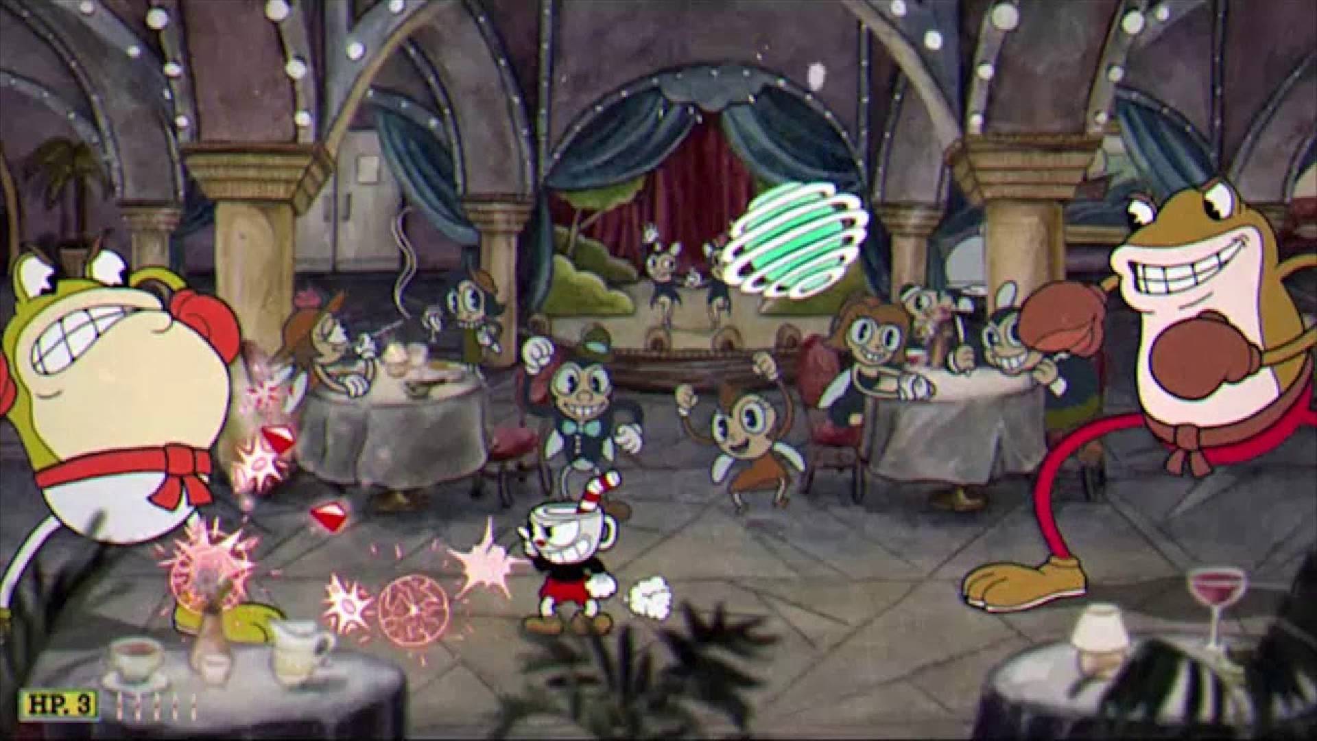 cuphead-bosses (5) Chefes Cuphead: um pequeno homem vermelho em forma de xícara ataca dois sapos de aparência zangada em luvas de boxe