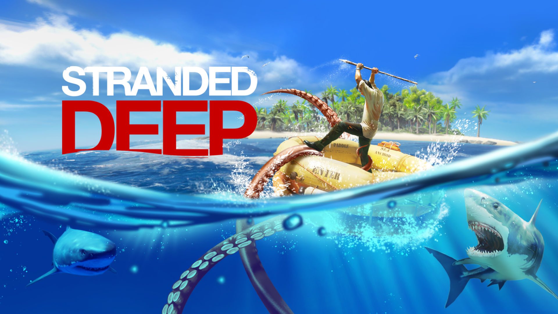 jogos de pesca encalhados nas profundezas Arte da capa de Stranded Deep, um jogo de pesca de sobrevivência