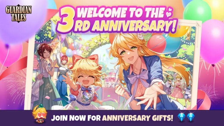Guardian Tales third anniversary promo art with characters reaching out hands toward the camera with balloons and other birthday selections behind them