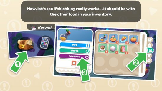 hello kitty island adventure revisão 3 Hello Kitty Island Adventure review: uma captura de tela mostrando ao jogador onde encontrar poções em seu inventário