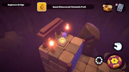 hello kitty island adventure Revisão 4 Hello Kitty Island Adventure review: uma captura de tela de um personagem de gato azul-púrpura em uma sala de quebra-cabeças ao lado de uma engrenagem amarela brilhante.