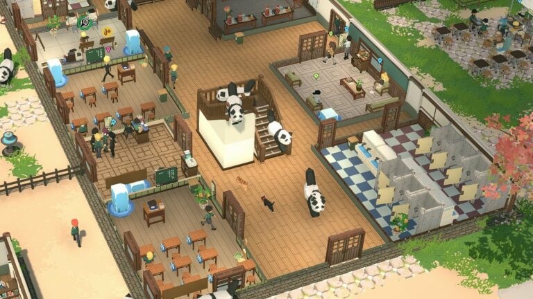 Let's School screenshot of a top view of the school with different classrooms, bathrooms, and a staircase. There are also multiple pandas on the stairs and cats roaming the halls
