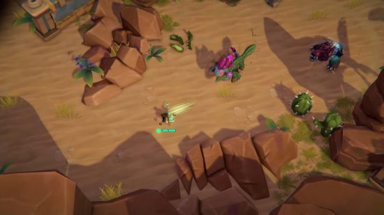 Captura de tela de uma batalha no deserto com dois monstros assustadores para Adore review