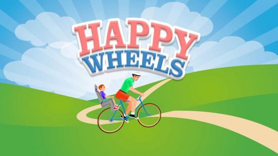 happy-wheels-download-logo Arte promocional oficial de Happy Wheels com o personagem principal e seu filho na garupa da bicicleta em um vale verde