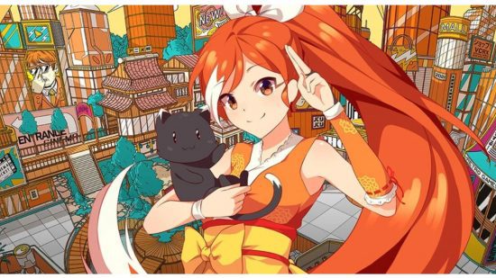 Download do Crunchyroll: uma garota de cabelo laranja segurando um gato preto