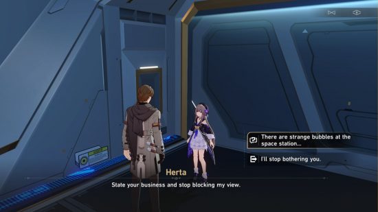 Welt conversando com Herta sobre bolhas de memória Honkai Star Rail na estação espacial