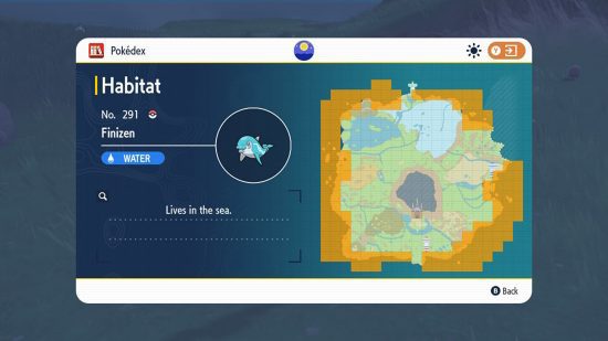 Como evoluir Finizen: Uma captura de tela da entrada da Pokédex de Finizen mostrando seu habitat.  Todas as áreas costeiras estão destacadas em laranja.