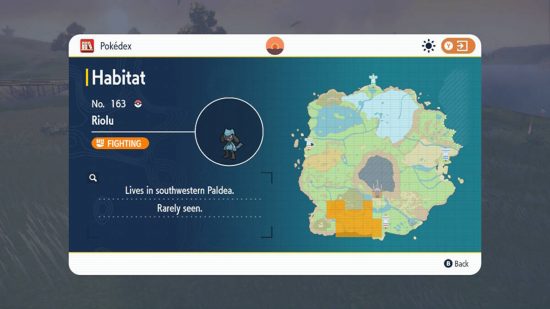 como evoluir riolu 1 Como evoluir o Riolu: Uma captura de tela da entrada Pokédex de Pokémon Scarlet of Riolu mostrando seu habitat no sudoeste de Paldea.