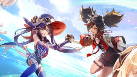 Genshin Impact Mona: Mona e Xinyan flutuando juntos no céu, tirado da arte oficial do evento Summer Fantasia.
