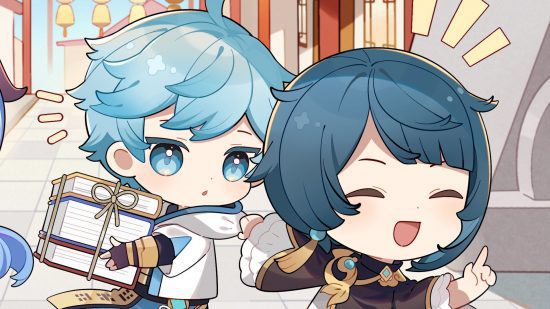 Genshin Impact Xingqiu: Um desenho chibi de Xingqiu e Chongyun em Liyue