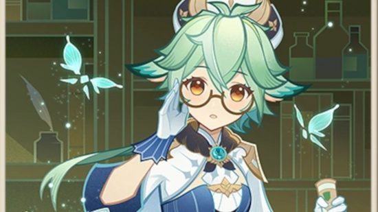 sacarose de impacto genshin tcg Um close-up do cartão Genious Invokation TCG de Genshin Impact Sacarose, mostrando-a ajustando seus óculos, reunida por anemo crystalflies.