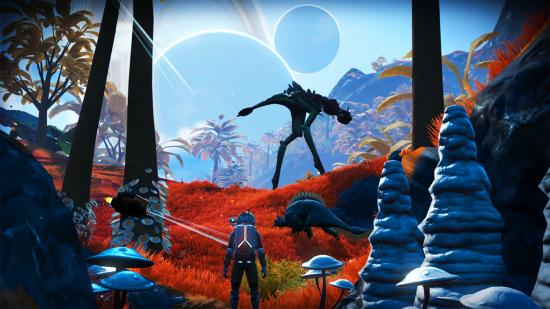 no-mans-sky-crossplay-1 No Man's Sky crossplay - um viajante parou na grama laranja entre as árvores com planetas à distância
