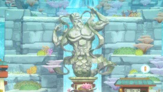 Dave-o-mergulhador-switch-2 Cabeçalho de Dave the Diver Switch mostrando uma estátua de uma espécie de Poseidon, debaixo d'água e cercado por torres rochosas, parecendo que ele está flexionando seus músculos.