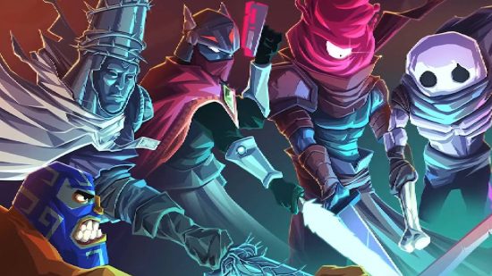 células mortas-download-1 Download de Dead Cells - um grupo de personagens apontando suas espadas para baixo