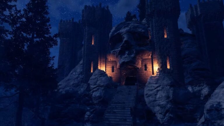 Castle with a large skull in it lit by torches at night in Enshrouded.