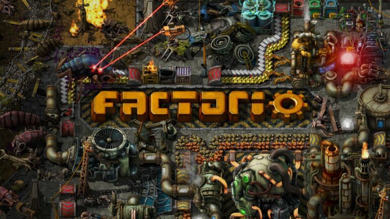 Promotional artwork with logo for Factorio.