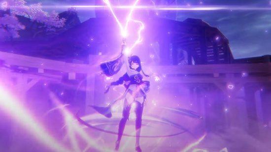 Elementos do Genshin Impact - Raiden invocando sua explosão elétrica