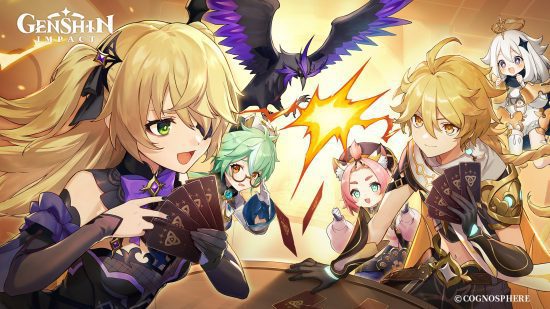 Genshin Impact Fischl: Arte principal do lançamento de Genius Invokation TCG de Fischl lutando contra Aether enquanto Paimon, Sucrose e Oz assistem.