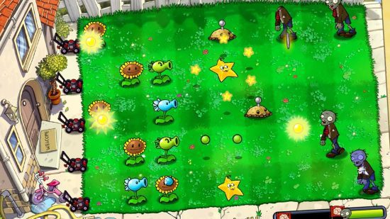 uma batalha entre plantas e zumbis nos jogos Plants Vs Zombies 