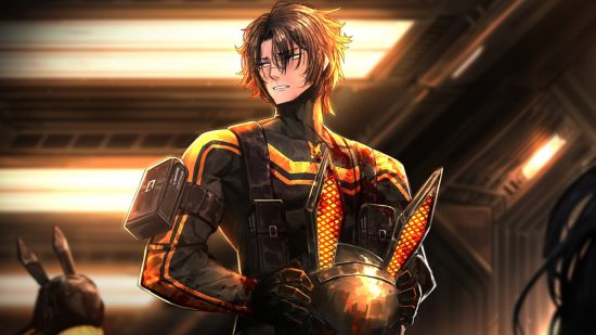 Lista de níveis da Limbus Company: Uma foto de um pecador com cabelo castanho curto tirando um capacete de coelho robótico preto e amarelo.