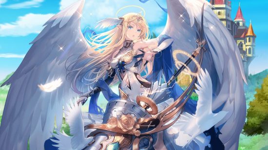 Lista de níveis de linhagem: Angel knight Valecia na frente de um castelo.