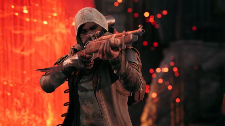 Uma imagem da classe Hunter base de Remnant 2 mirando em um rifle longo