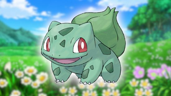 pokémon flor 1 Flower Pokemon: a arte Pokedex de Bulbasaur colada em uma captura de tela do anime Pokemon com um campo de flores e um céu azul.