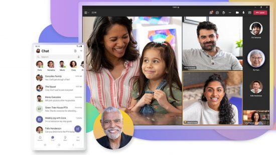 O que é o Microsoft Teams: uma imagem mostrando o Microsoft Teams sendo usado em computadores e dispositivos móveis para videochamadas e bate-papo com várias pessoas.