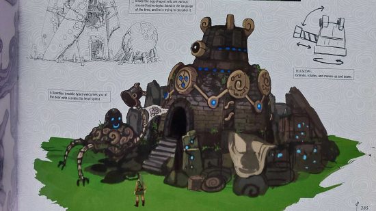 Zelda Breath of the Wild Guardian rosto sorridente Rosto sorridente de Zelda Breath of the Wild Guardians: uma imagem maior mostra Link parado na frente de um guardião sorridente