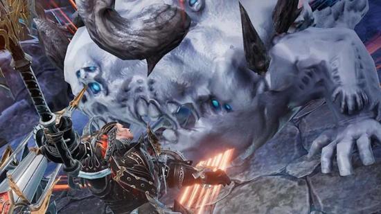 melhores mmorpgs para dispositivos móveis Melhores MMORPGs móveis: A3 Still Alive.  A imagem mostra um guerreiro prestes a lutar contra uma criatura gigante.