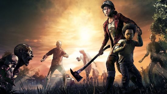 Jogos de The Walking Dead Telltale Jogos de The Walking Dead Telltale: Clementine segurando um machado e protegendo uma criança dos zumbis