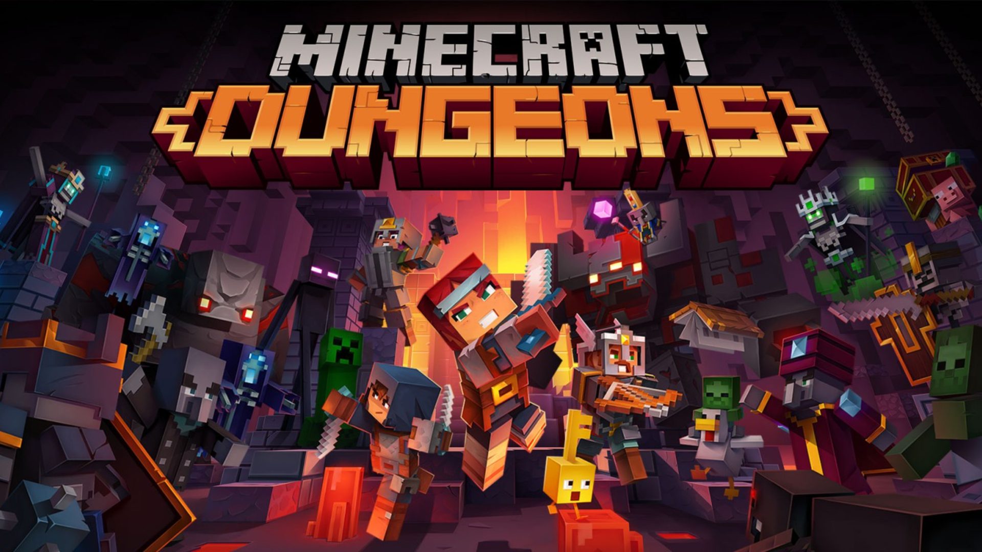 Arte-chave do Minecraft Dungeons, cheia de personagens e inimigos em uma masmorra