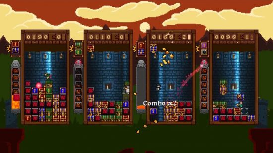 Combine 3 jogos: quatro tabuleiros de jogo são mostrados com jogadores organizando blocos em cada um