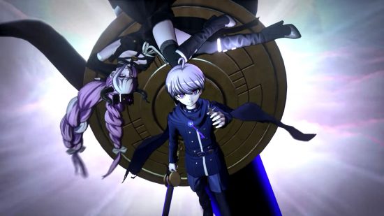 detetive-jogos-mestre-detetive-arquivos-rain-code Uma captura de tela de um dos melhores jogos de detetive Master Detective Archives: Rain Code, mostrando Shinigami e Yuma