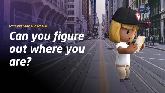 jogos de geografia 2 Jogos de geografia: Uma captura de tela do Geoguessr mostrando uma figura olhando para um mapa e o texto 'Você consegue descobrir onde está?'